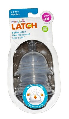 Munchkin Latch Baby Bottle Nipples STAGE 2 (3m+) bpa free, 2 Pack, New, Sealed!