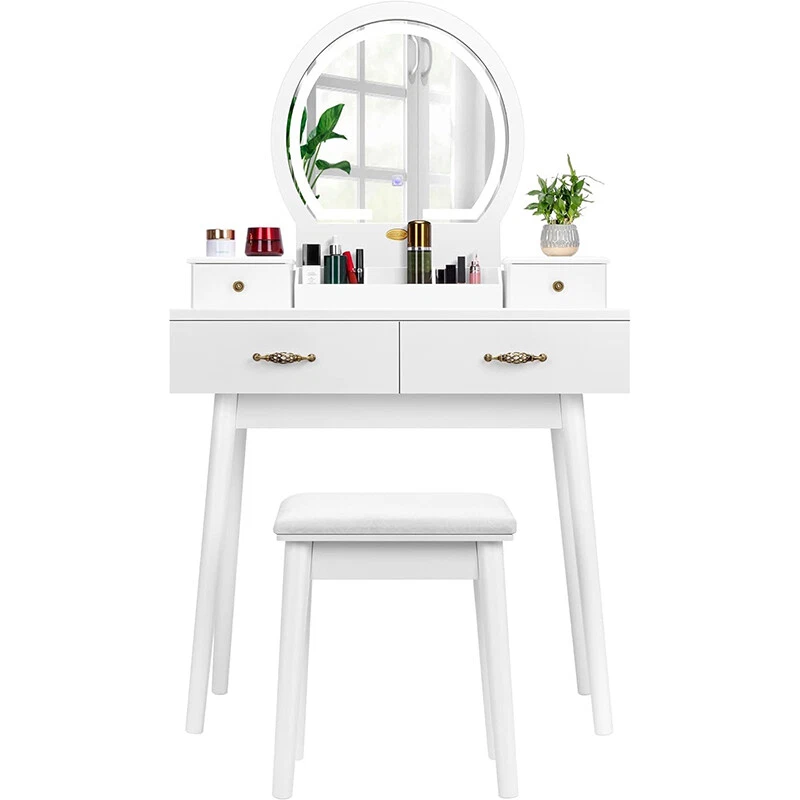 Vanity Table Set Makeup Dressing Table w/ 3-Color Lighted Mirror Cushioned Stool - Image 2 of 4