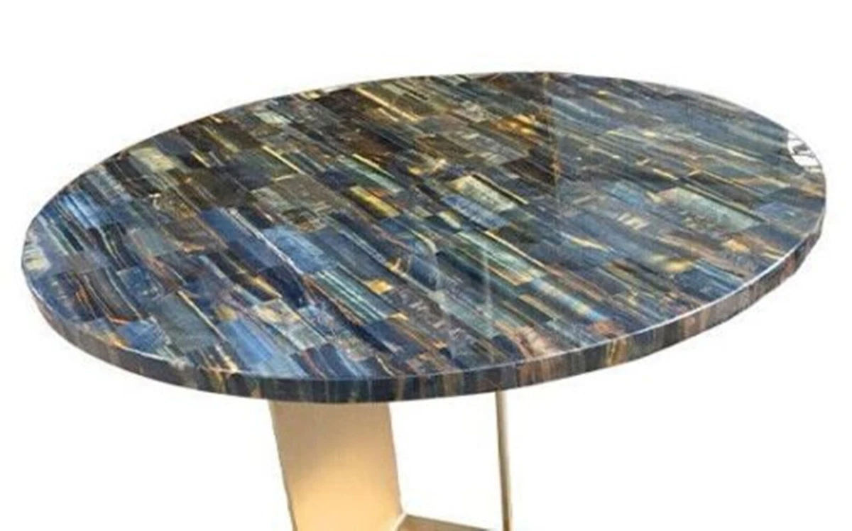 54 Inches Round Shape Patio Table Blue Tiger Eye Stone Overlaid
