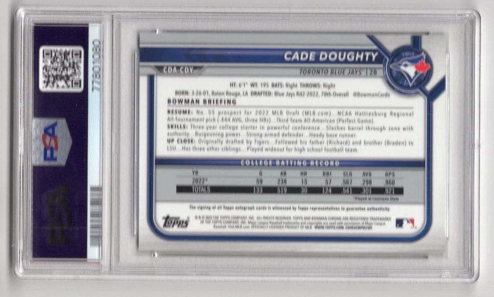 Cade Doughty 2022 Bowman Chrome Draft Green Refractor Auto 27/99 PSA 9 - Image 2 of 2