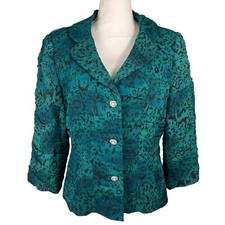 Silk Jacket Rhinestone Buttons Ruched Leopard 12 Teal Black Michelle Antonelli