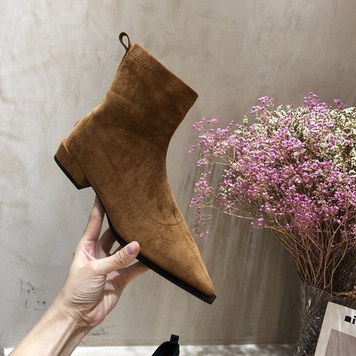 Women Pointed Toe Low Heel Faux Suede Booties Comfort Flat Ankle Boots Shoes - Imagen 13 de 17