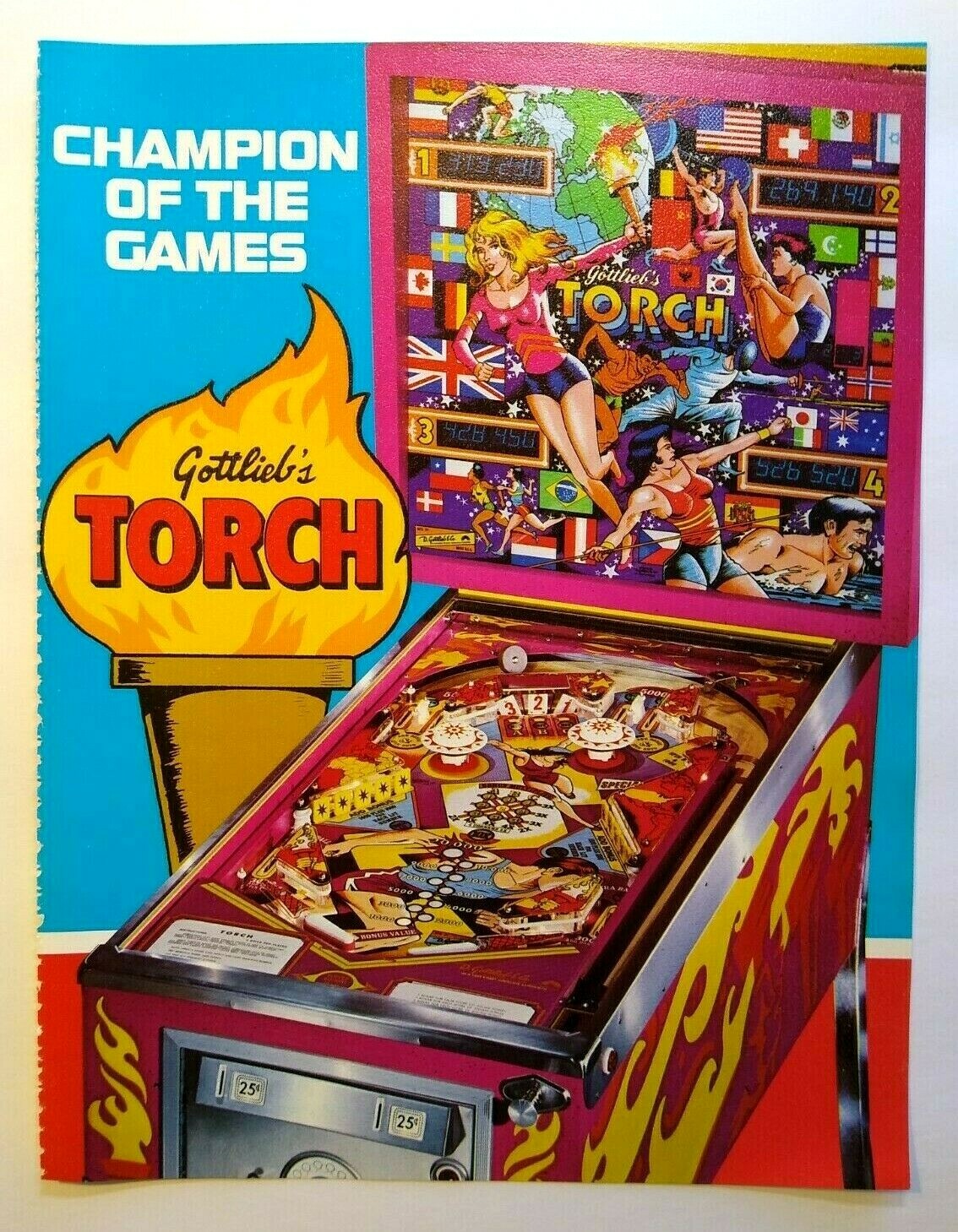 Torch Pinball FLYER Original 1980 Retro Game Vintage Art Olympic Games Sports