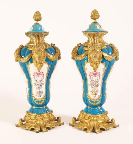 Pair Sevres Louis XV Style Bleu Celeste Porcelain and Ormolu Vases / Urns - Picture 4 of 17