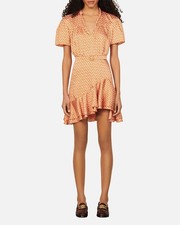 Sandro Women's Orange Suzen Heart Print Asymmetric Ruffle Minidress Size 38
