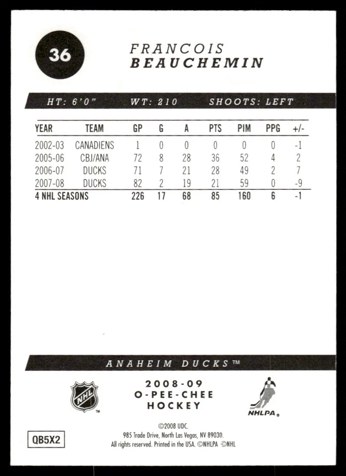 2008-09 O-Pee-Chee Gold Francois Beauchemin Anaheim Ducks #36 - Image 2 of 2