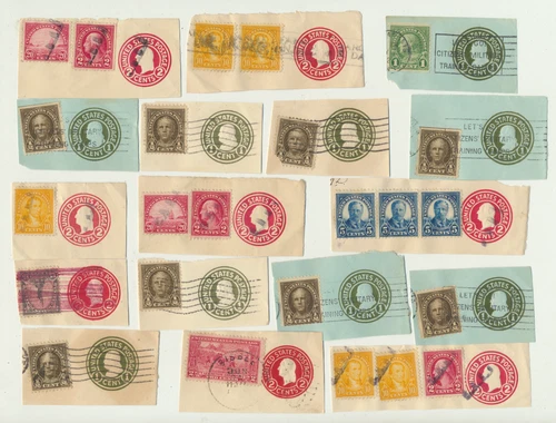 30 VINTAGE US USED CUT SQUARE ENVELOPES WITH ADDITIONAL STAMPS $2 TAKE A LOOK