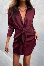 RUNAWAY Ruby Tie Front Long Sleeve Mini Shirt Dress in Wine Size M / 10AU / 6US