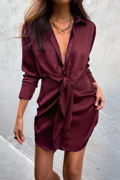RUNAWAY Ruby Tie Front Long Sleeve Mini Shirt Dress in Wine Size M / 10AU / 6US