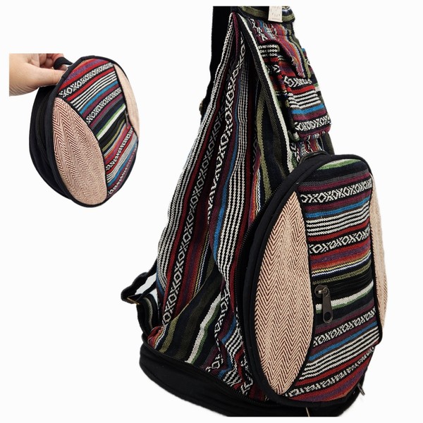 Mochila Bandolera Convertible Cáñamo Bolso Boho Tribal Rayas Viaje Embalable Eco Nepal