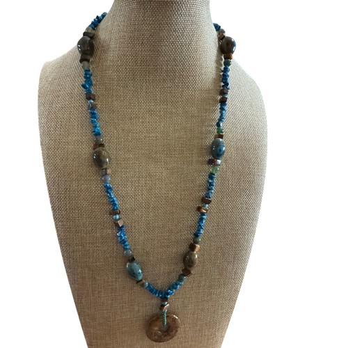 Artisan Beaded Statement Necklace Turquoise Jasper Tigers Eye Donut Pendant