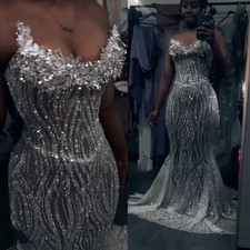 Sparkly Sequin Dresses Black Girl Luxury Strapless Rhinestone Mermaid PartyDress