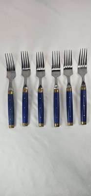 Vintage Japan Fork Set Blue Handle Brass Rivet Melron Style Bistro 6pc