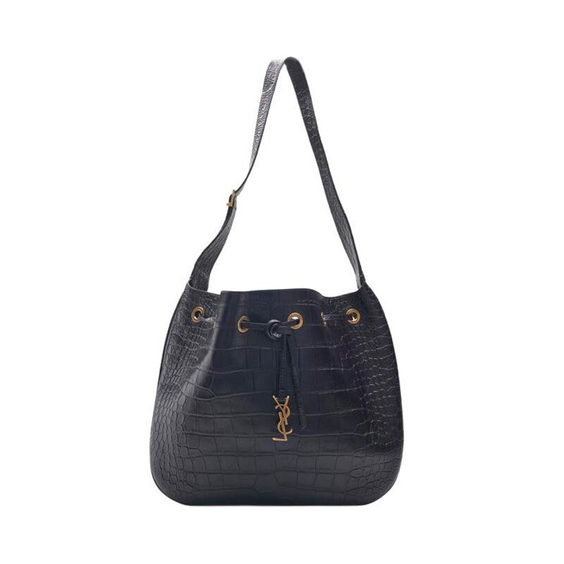 Saint Laurent Borsa a secchiello donna grande in pelle di vitello nera Croc Flat Hobo