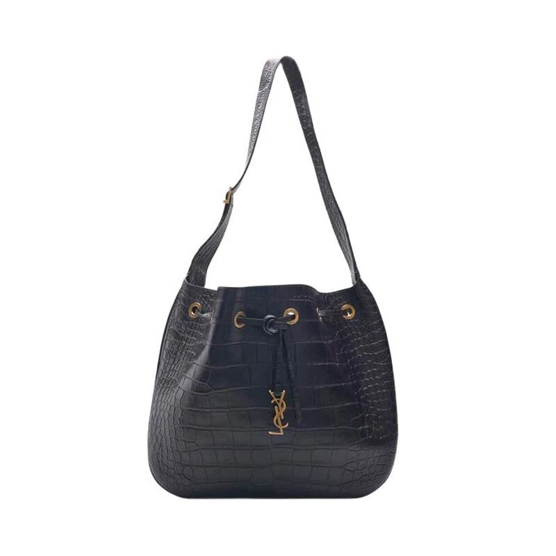 SAINT LAURENT (YSL) Saint Laurent Borsa a secchiello donna grande in pelle di vitello nera Croc Flat Hobo