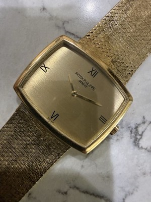 Patek Philippe 3528 18K Yellow Gold Cushion Manual Wind Roman Dial Bracelet