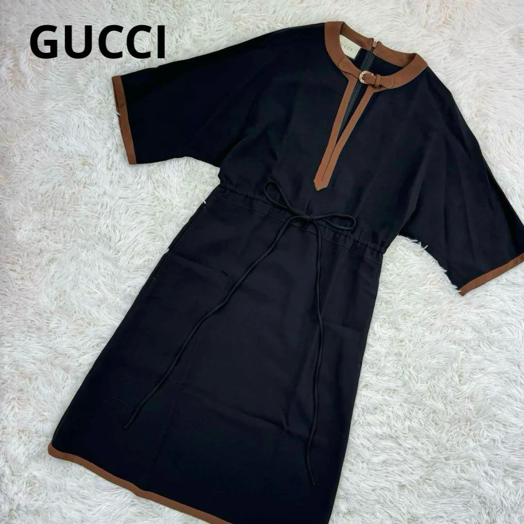GUCCI Abito lungo manica 3 4 rayon nero x marrone 36 S 84726c
