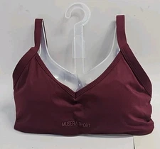 Musera Plunge Spaghetti Strap Cross Back Activewear Sports Bra Small Burgundy
