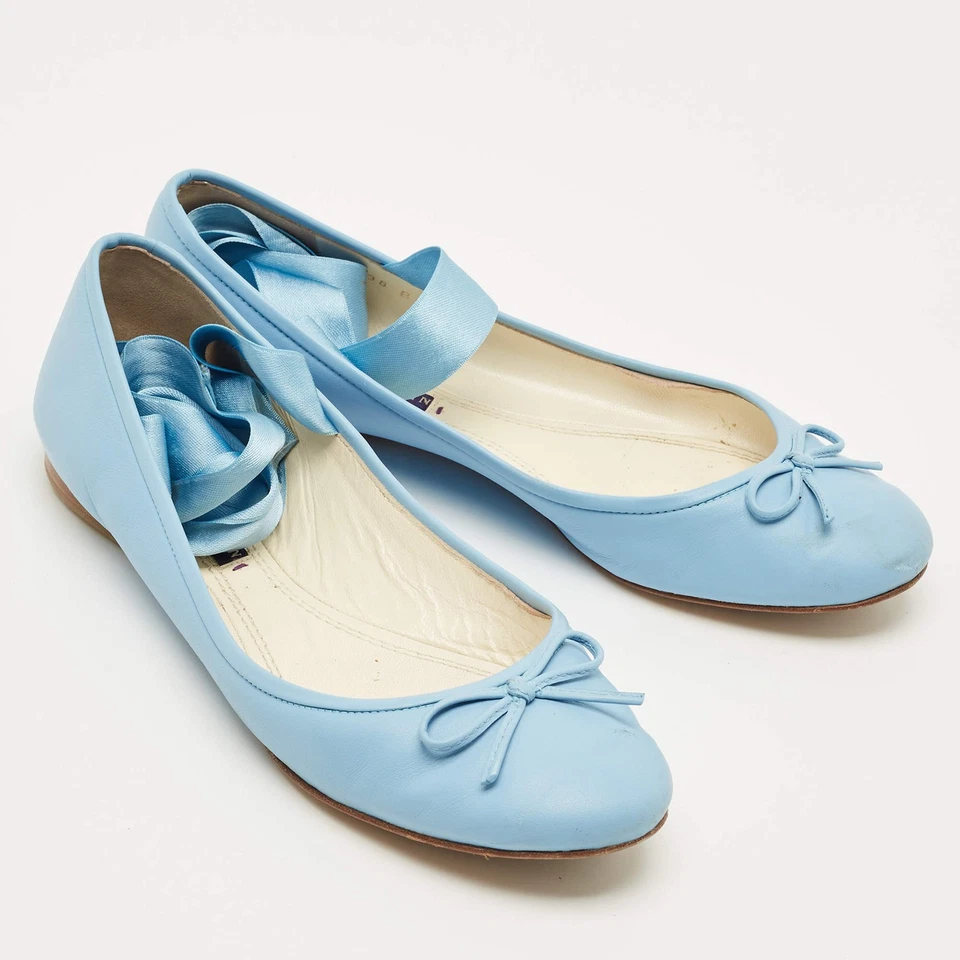 Ralph Lauren Collection Blue Leather Ankle Tie Up Ballet Flats Size 38 - Image 4 of 4