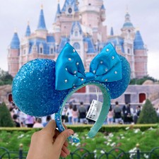 Disney Park Ice  Snow Romance Minnie Mouse Ears Sequin Blue Drill Hair Hoop New