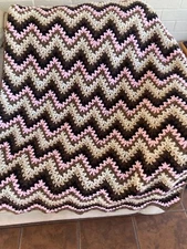 NEW HANDMADE crocheted afghan VStitch throw Pink Blk Tan Wh Brn Approx 62x40”
