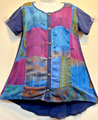 Nwt FUNKY STUFF hippy gypsy boho patch acid washed cotton TOP TUNIC XL Free ship