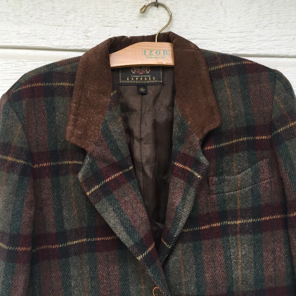 Womens Express Plaid Wool Blend Blazer Jacket Coat Small Made Usa 2 Button Suede - Image 2 of 4