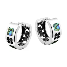 Rainbow Abalone Shell Inlay Sterling Silver Huggie Hoop Lock Earrings