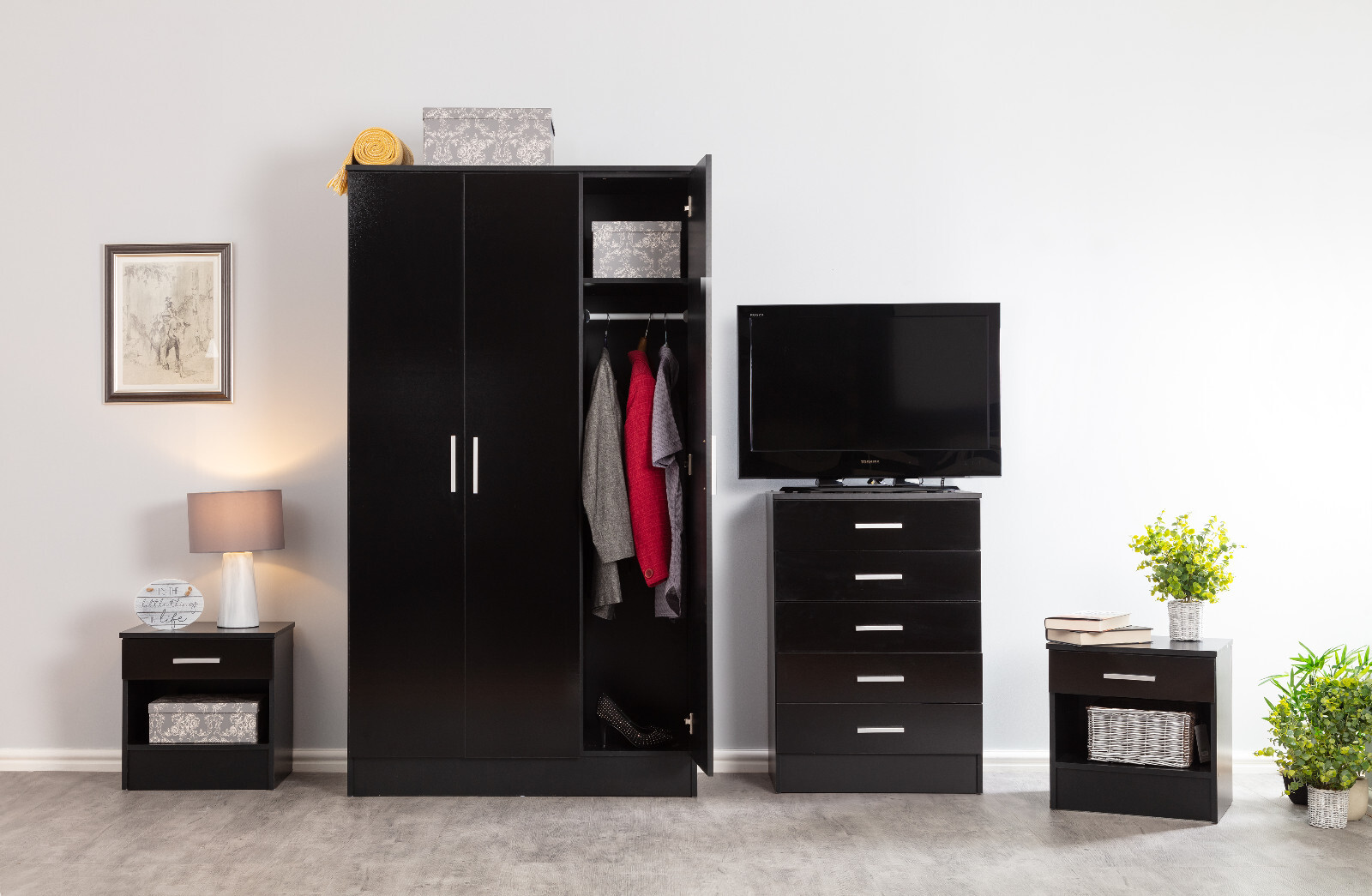 Black 4 Piece Bedroom Furniture Set Wardrobe Chest of Drawers and 2x Bedsides eBay