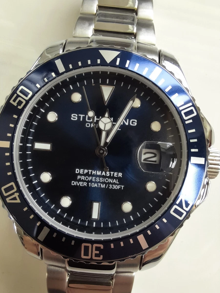 Sturhling Depthmaster 3950A Pro Diver Blue Bezel Dial 42mm Quartz w SS Bracelet