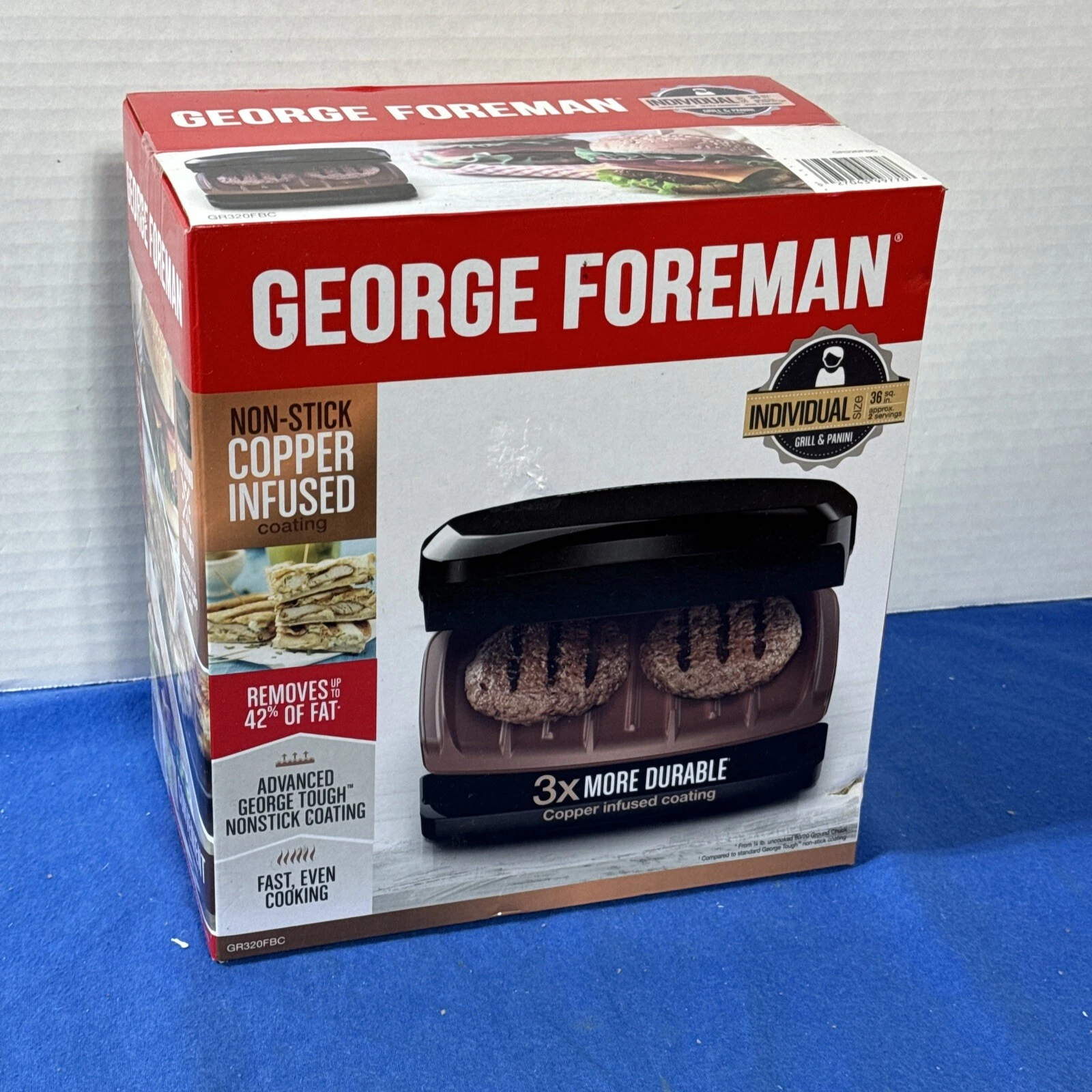 New George Foreman 2 Serving Grill & Panini Copper Infused Coating New Sealed