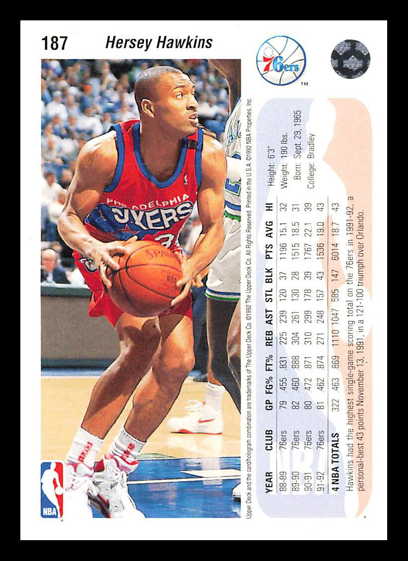 Hersey Hawkins #187 1992-93 Upper Deck Philadelphia 76ers | eBay