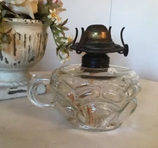 Antique Clear Glass Finger Flat Hand Lamp Kerosene Oil PEANUT Pattern  w/ Burner