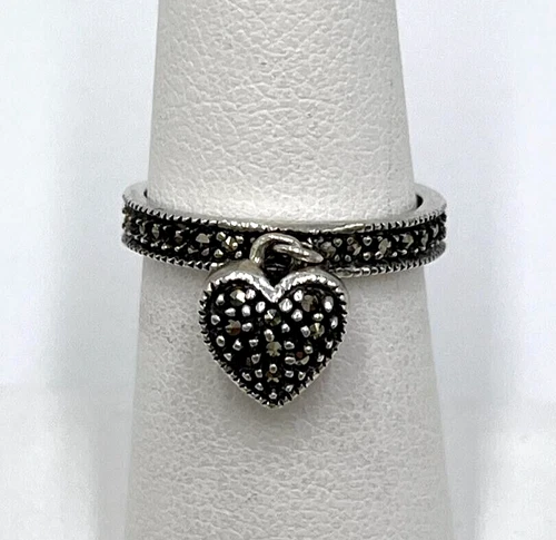 Vintage JUDITH JACK Marcasite Dangle Heart Charm Ring Sterling Silver SZ. 5.75