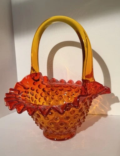 Fenton Vintage Art Glass orange Amberina Hobnail Colonial Basket with Handle