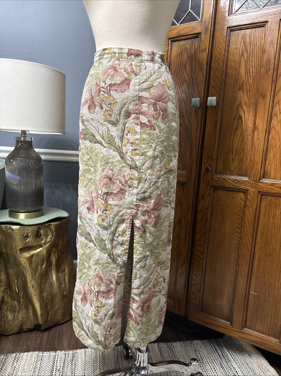 90s Vintage GAP Linen Skirt Midi Floral Womens 8 Boho Cottagecore