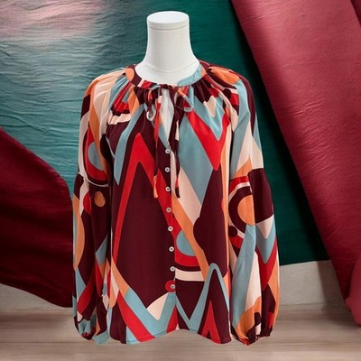 August Sky Abstract Retro Blouse Oversized Small Balloon Sleeve Art To Wear