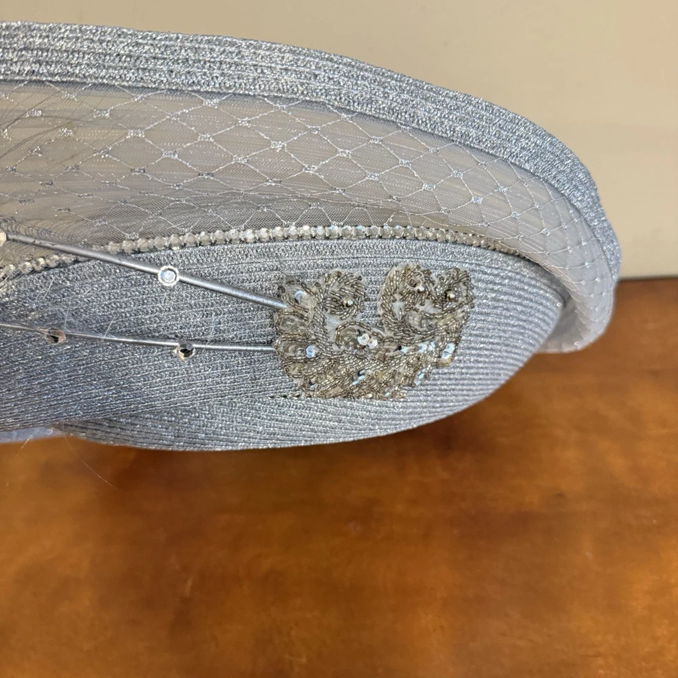 VTG Silver Couture Hat by Donna Vina Embellished Rhinestones Church Derby - Image 3 of 4