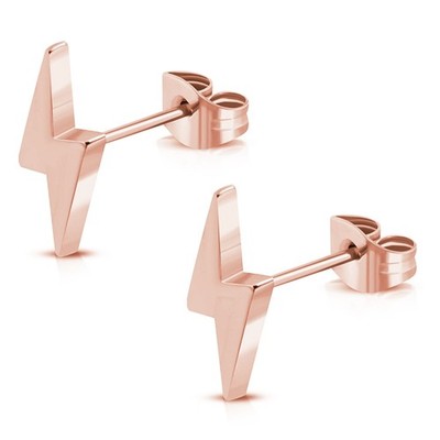 Rose Gold Plated Stainless Steel Lightning Bolt Flash Thunder Button Stud Post E