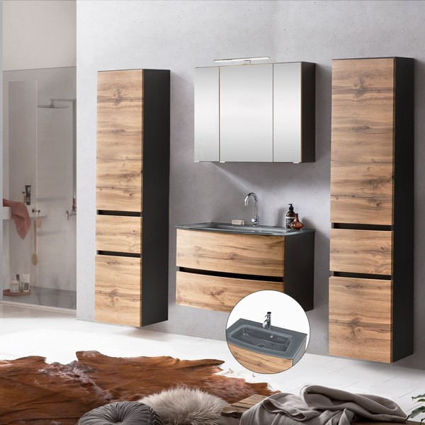 BadmöBel Set Badezimmer Wotaneiche Waschtisch Led Spiegelschrank Seitenschrank-image