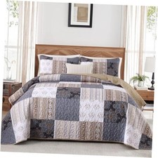 Patchwork Quilt Set King Size,3 Pieces Grey Boho Bedspread King 90   104  Brown