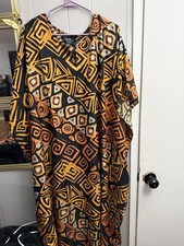 Golle Gee Long Satin Kaftan Dress Geometric Print Black Orange Yellow V-Neck