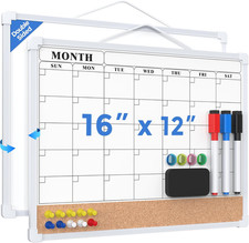 Monthly Calendar Whiteboard Dry Erase Cork Board for Wall, 16"X12" Double-Sided