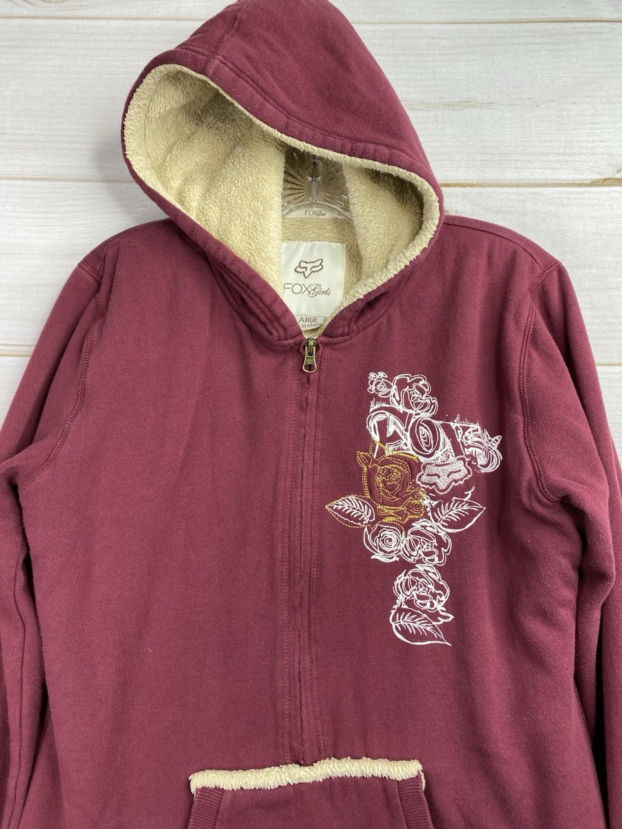 Fox Racing Fox Girl Jr XL Red Hoodie Faux Fur Lining Full Zip Vtg