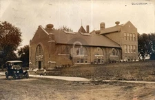 1920s Gladbrook Huge Building Kids Playing Classic Car RPPC Photo Postcard COPY