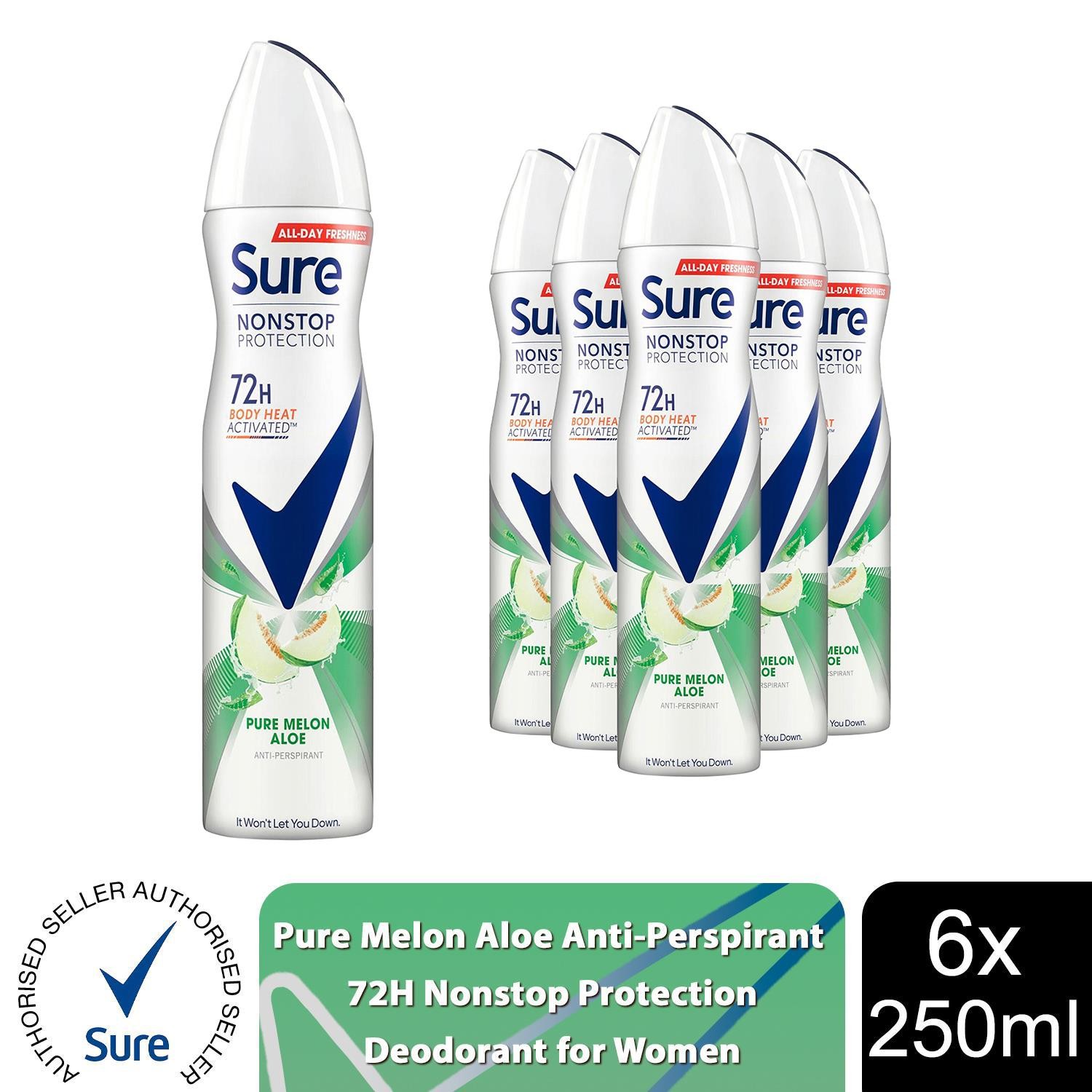 Sure Women Anti-perspirant 72H Nonstop Protection Pure Melon Aloe Deo, 6x250ml