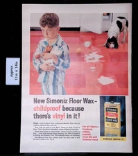 1958 SIMONIZ VINYL FOR ALL FLOORS FLOOR WAX NOW CHILDPROOF! Print Ad 50887