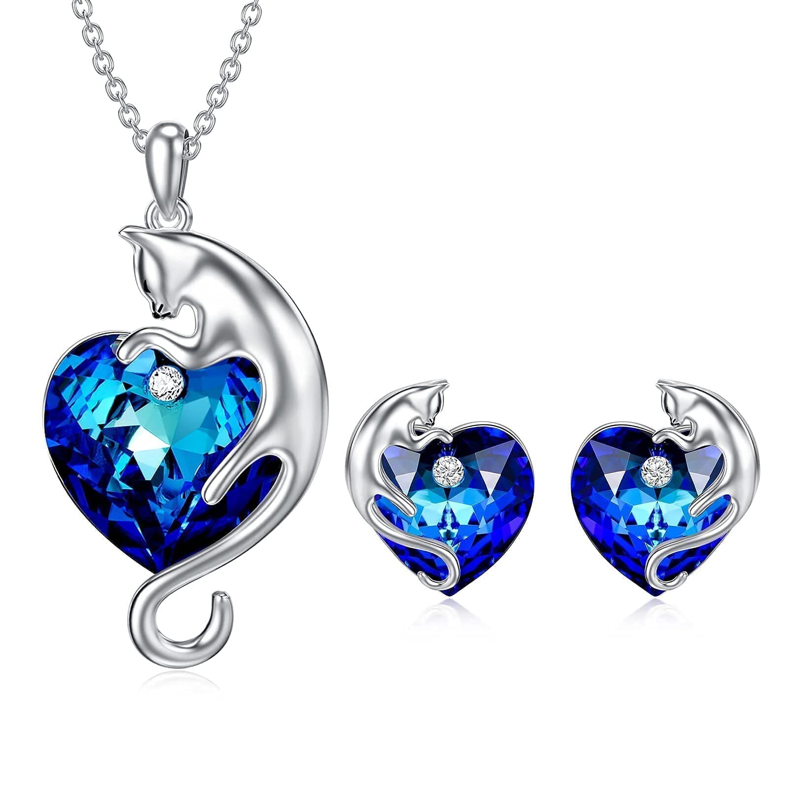 AOBOCO Cat Jewelry Sterling Silver Cat Necklace and Earrings Set with Ocean B...