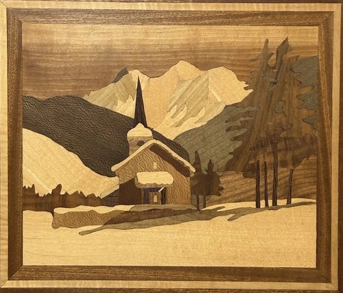 Vintage MARQUETRY Alpine Scene Picture Woodwork Wood Craft Retro Art Collectors - Picture 2 of 8