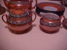 LARGE TEA SET, DECO BORDER, 1920s ORANGE BACKGROUND, CZECHOSLOVAKIA 23 Pieces
